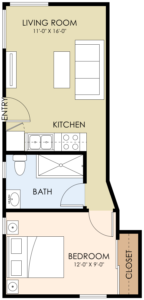 Floor plan for 1 bed, 1 bath, 375 sqft